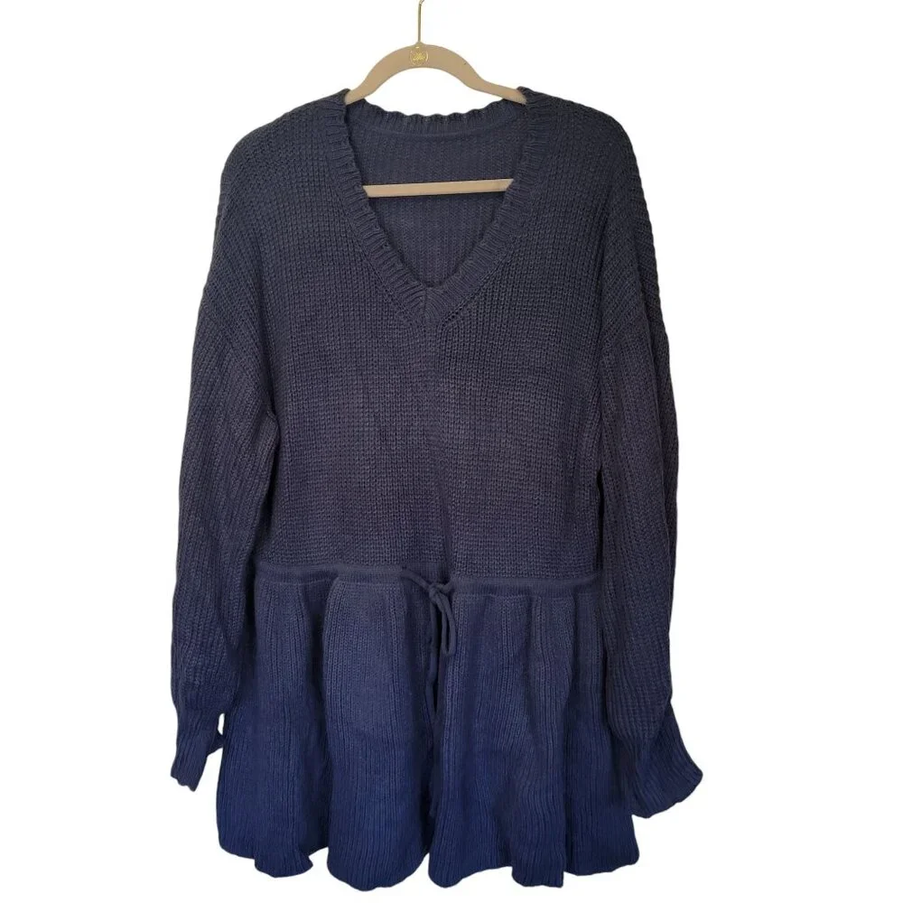 Sweater Tunic 3XL Knit V-Neck Blue Tie Waist Heavy Ruffle Hem Plus Size 100% Acr - Picture 2 of 5